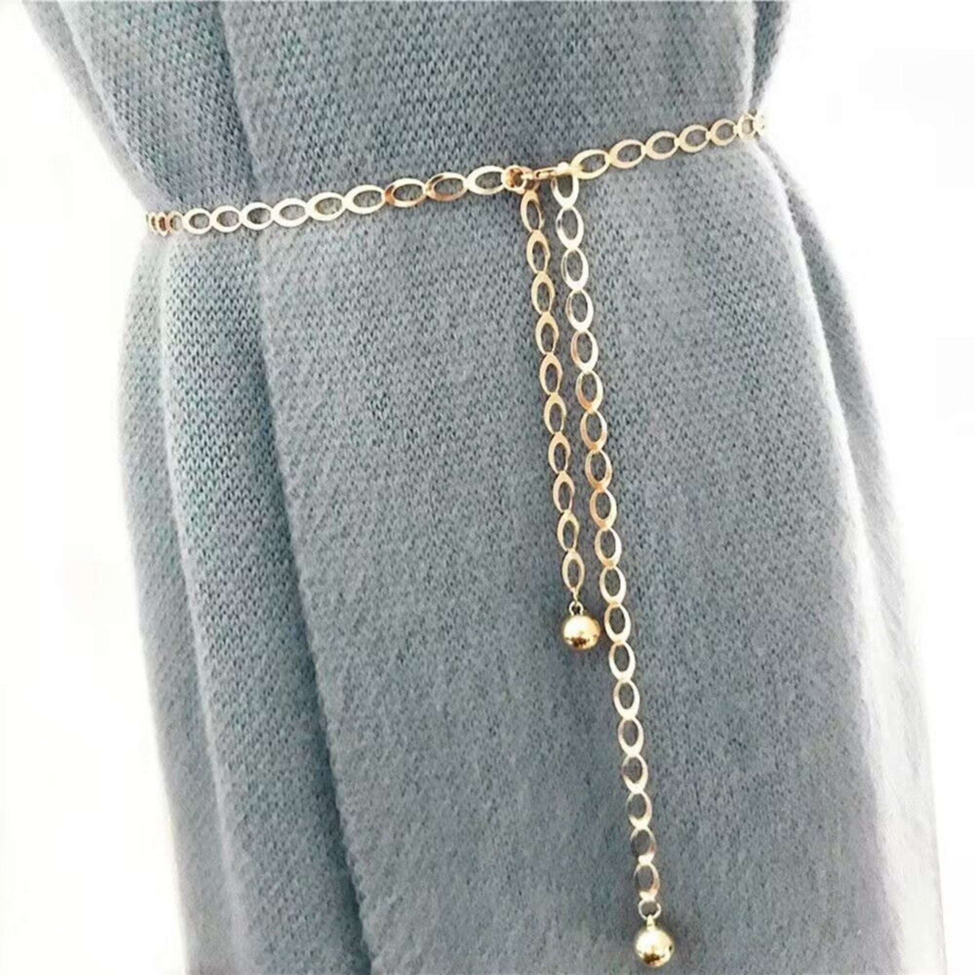 Anna-Kaci Women's Chain Belt with Oval Link Design and Hanging Ball Accents 49x0.4in