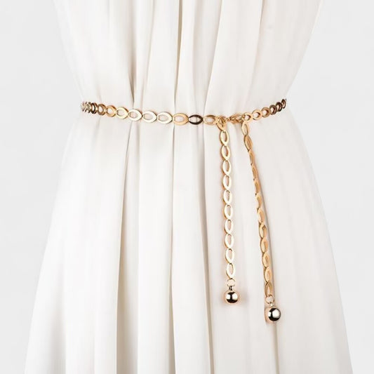 Anna-Kaci Women's Chain Belt with Oval Link Design and Hanging Ball Accents 49x0.4in