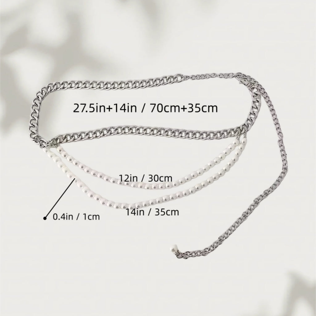 Anna-Kaci Women's Gold Chain Belt with Double Pearl Strand Layered Design 41.5x0.4in