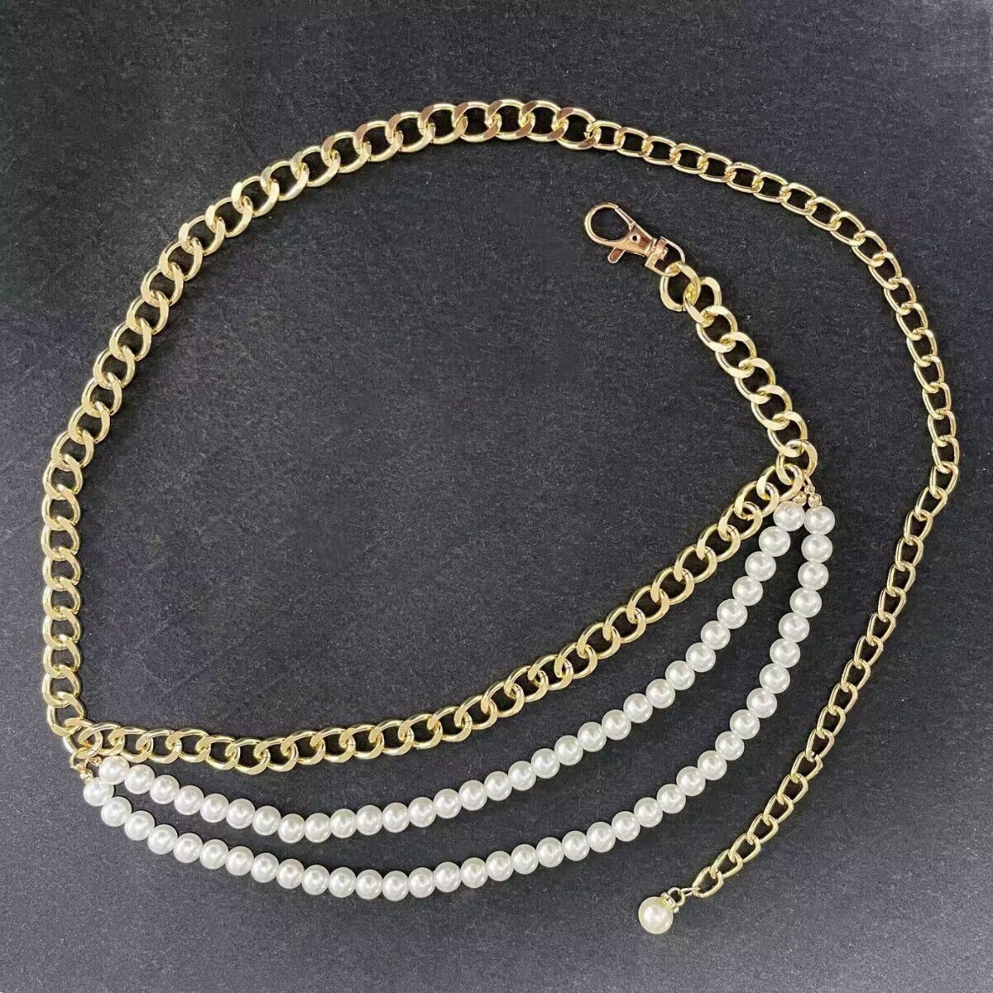 Anna-Kaci Women's Gold Chain Belt with Double Pearl Strand Layered Design 41.5x0.4in