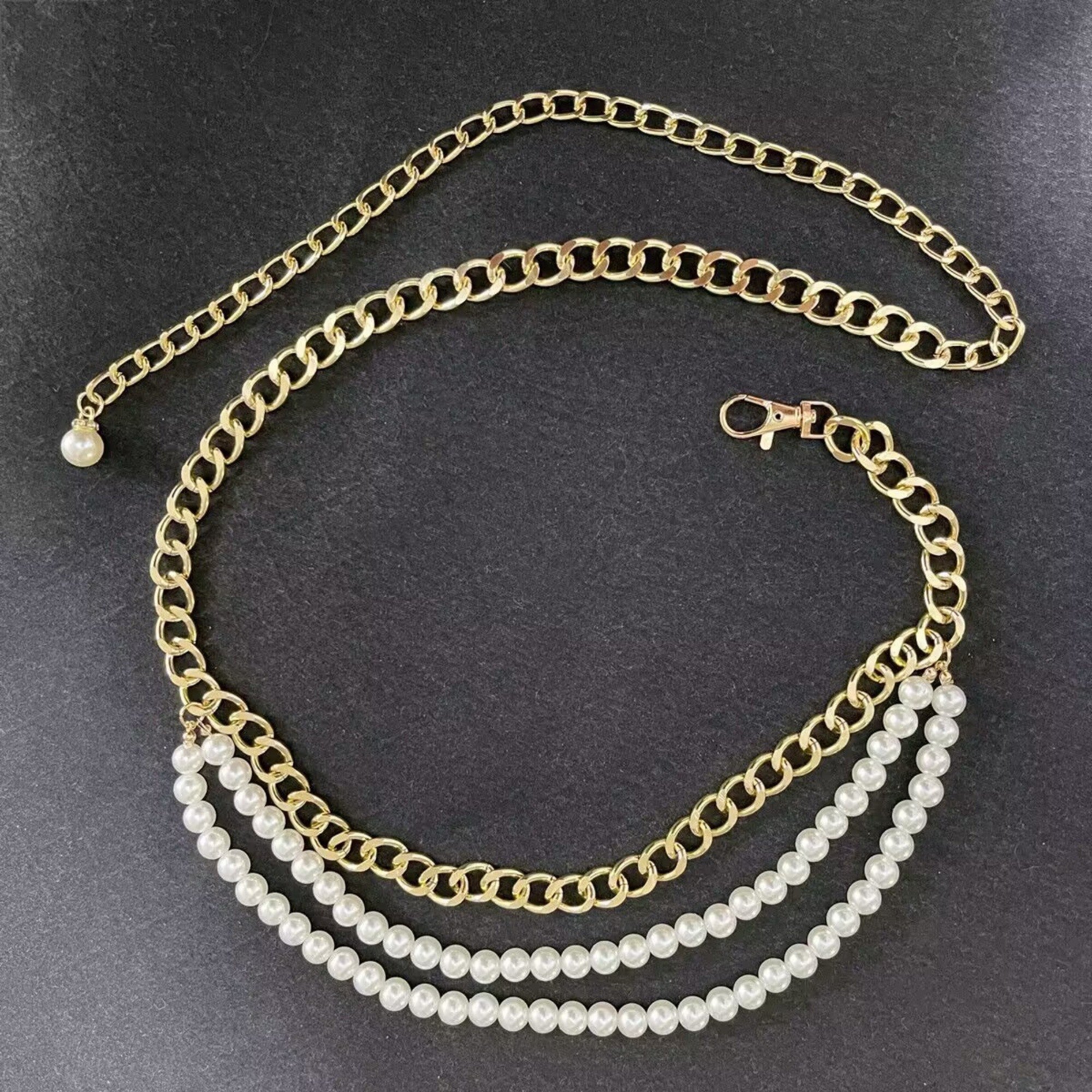 Anna-Kaci Women's Gold Chain Belt with Double Pearl Strand Layered Design 41.5x0.4in