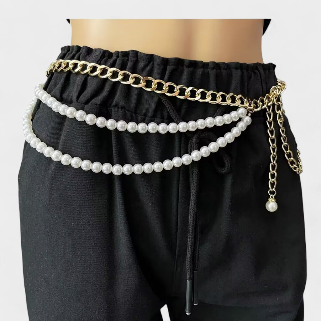 Anna-Kaci Women's Gold Chain Belt with Double Pearl Strand Layered Design 41.5x0.4in
