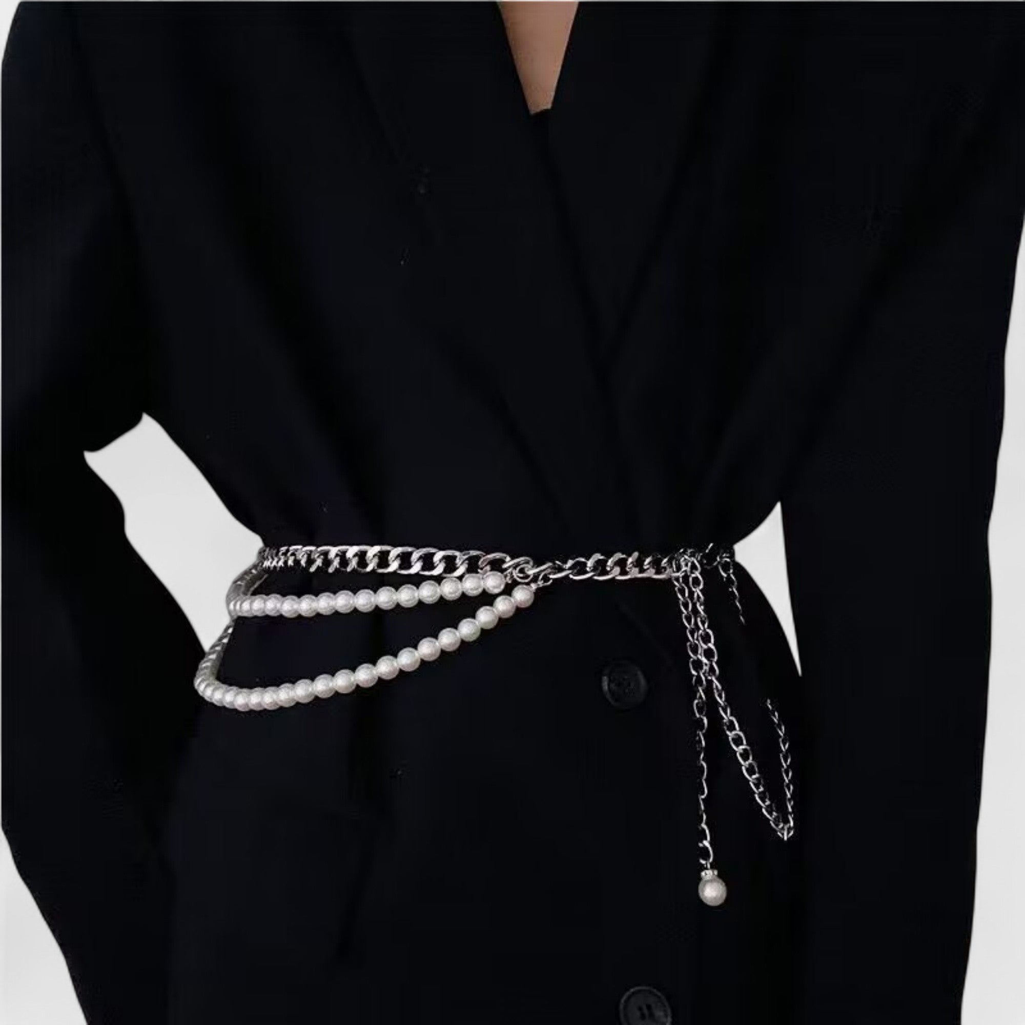 Anna-Kaci Women's Gold Chain Belt with Double Pearl Strand Layered Design 41.5x0.4in