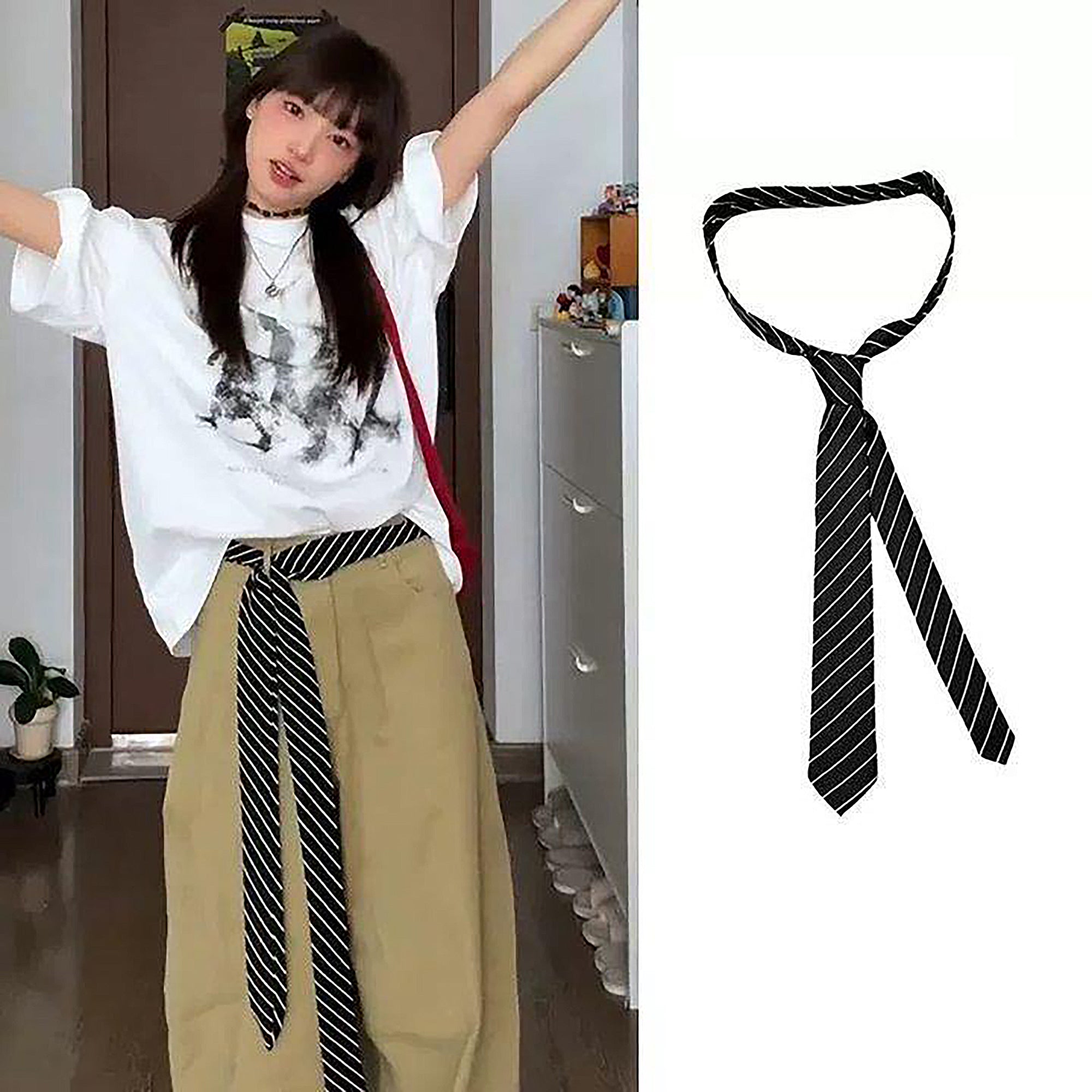 Anna-Kaci Women's Black & White Striped Tie Belt Y2K Fashion Statement Belt