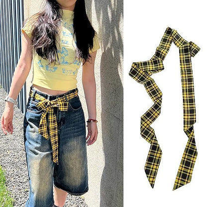 Anna-Kaci Women's Black & White Striped Tie Belt Y2K Fashion Statement Belt