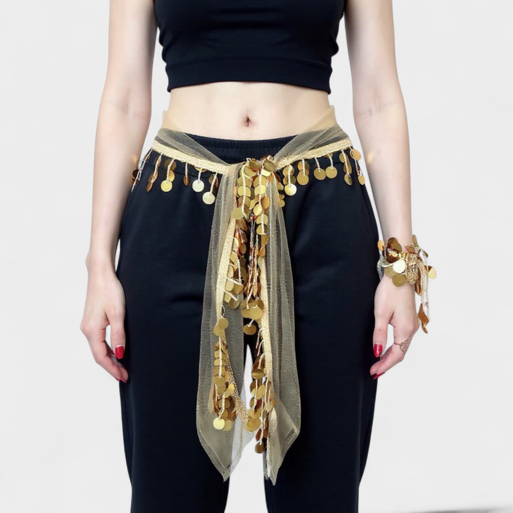 Anna-Kaci Women's Sheer Coin Belt with Metallic Sequin Tassel Details 71in