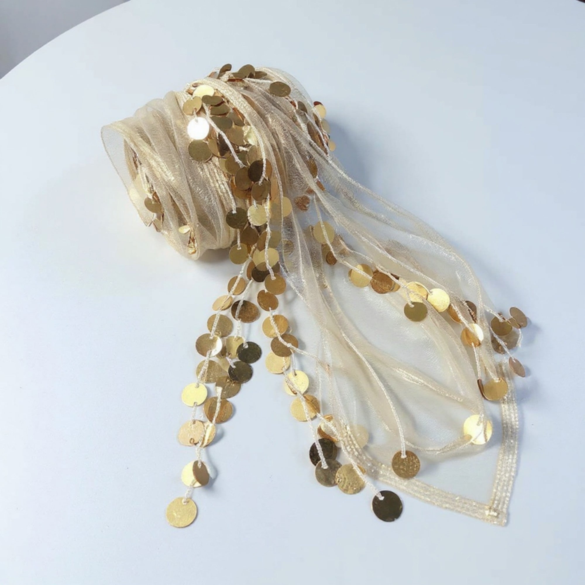 Anna-Kaci Women's Sheer Coin Belt with Metallic Sequin Tassel Details 71in