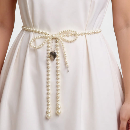 Anna-Kaci Women's Beaded Pearl Waist Belt with Heart Charm and Bow Tie Accent 59 in