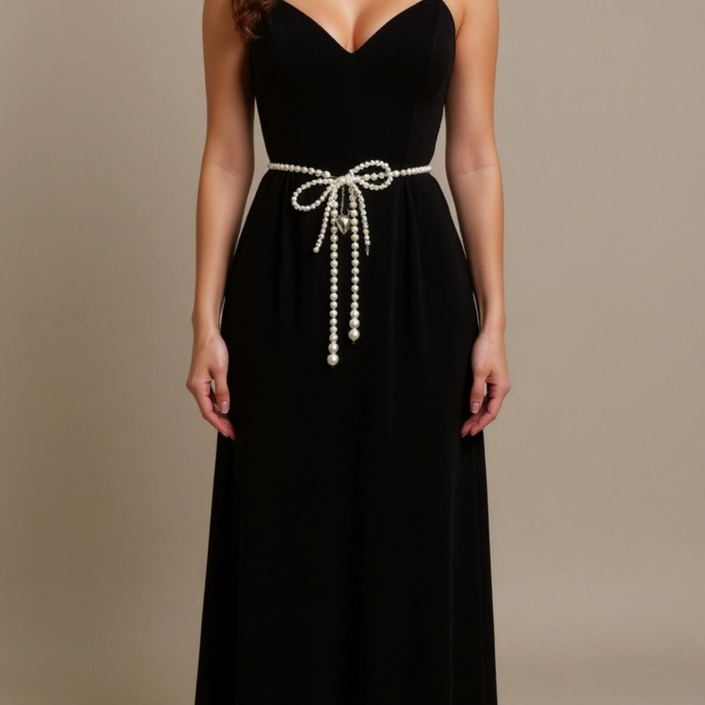 Anna-Kaci Women's Beaded Pearl Waist Belt with Heart Charm and Bow Tie Accent 59 in