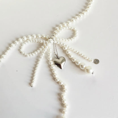 Anna-Kaci Women's Beaded Pearl Waist Belt with Heart Charm and Bow Tie Accent 59 in