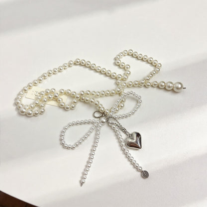 Anna-Kaci Women's Beaded Pearl Waist Belt with Heart Charm and Bow Tie Accent 59 in