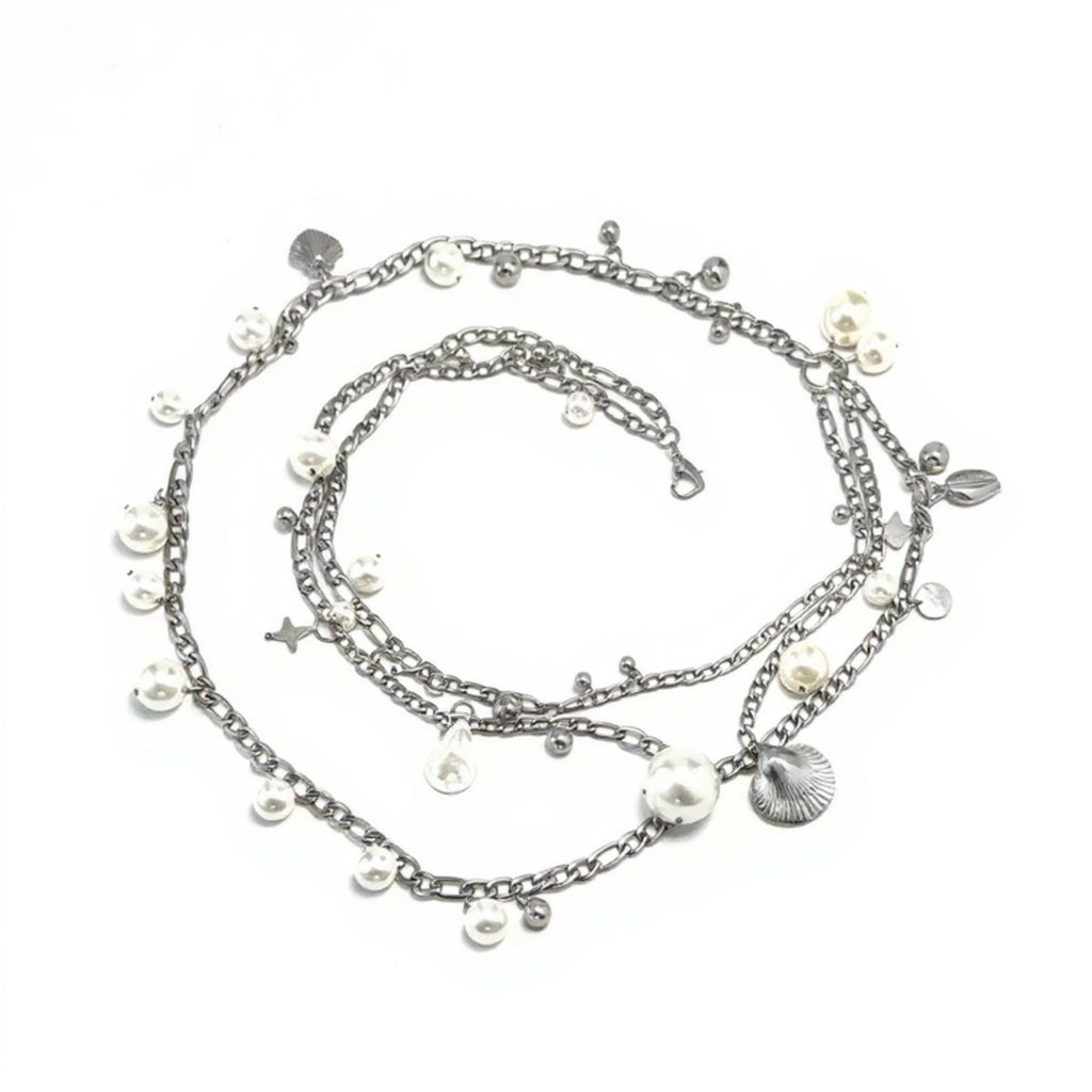 Anna-Kaci Women's Layered Chain Belt with Pearl and Teardrop Charm Details 41.5 in