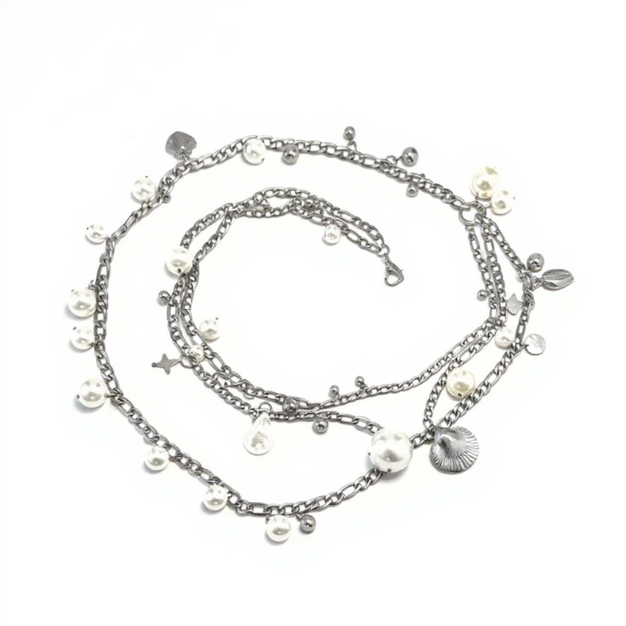 Anna-Kaci Women's Layered Chain Belt with Pearl and Teardrop Charm Details 41.5 in