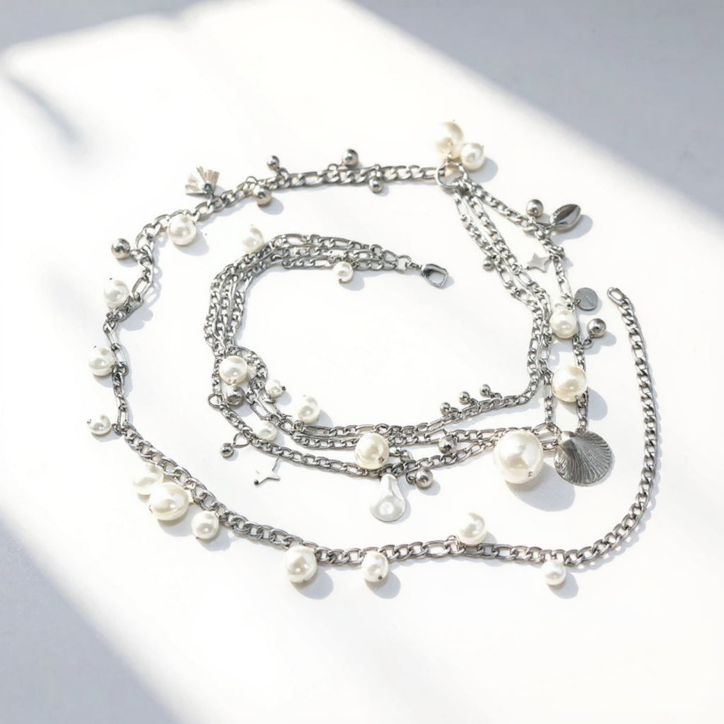Anna-Kaci Women's Layered Chain Belt with Pearl and Teardrop Charm Details 41.5 in