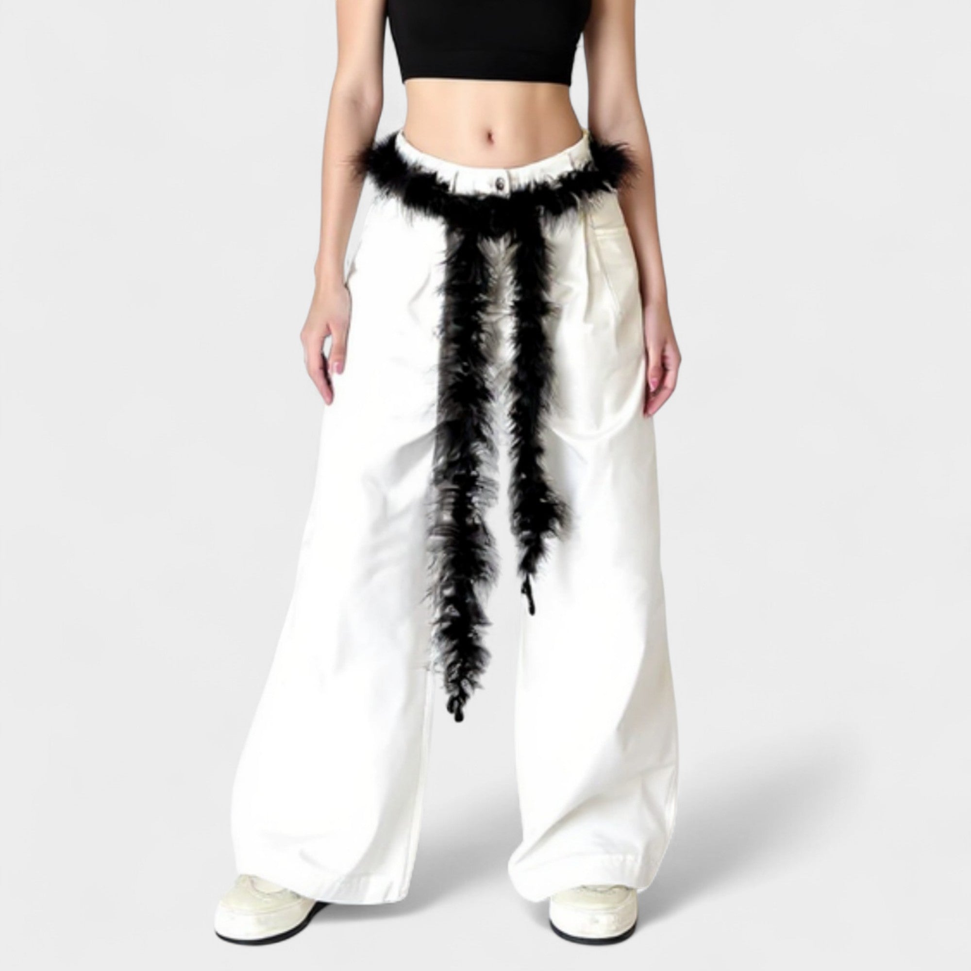 Anna-Kaci Women's Feather Trim Fashion Belt with Long Drape Accent and Adjustable Tie Design 79x1.5 in