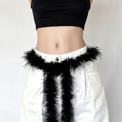 Anna-Kaci Women's Feather Trim Fashion Belt with Long Drape Accent and Adjustable Tie Design 79x1.5 in