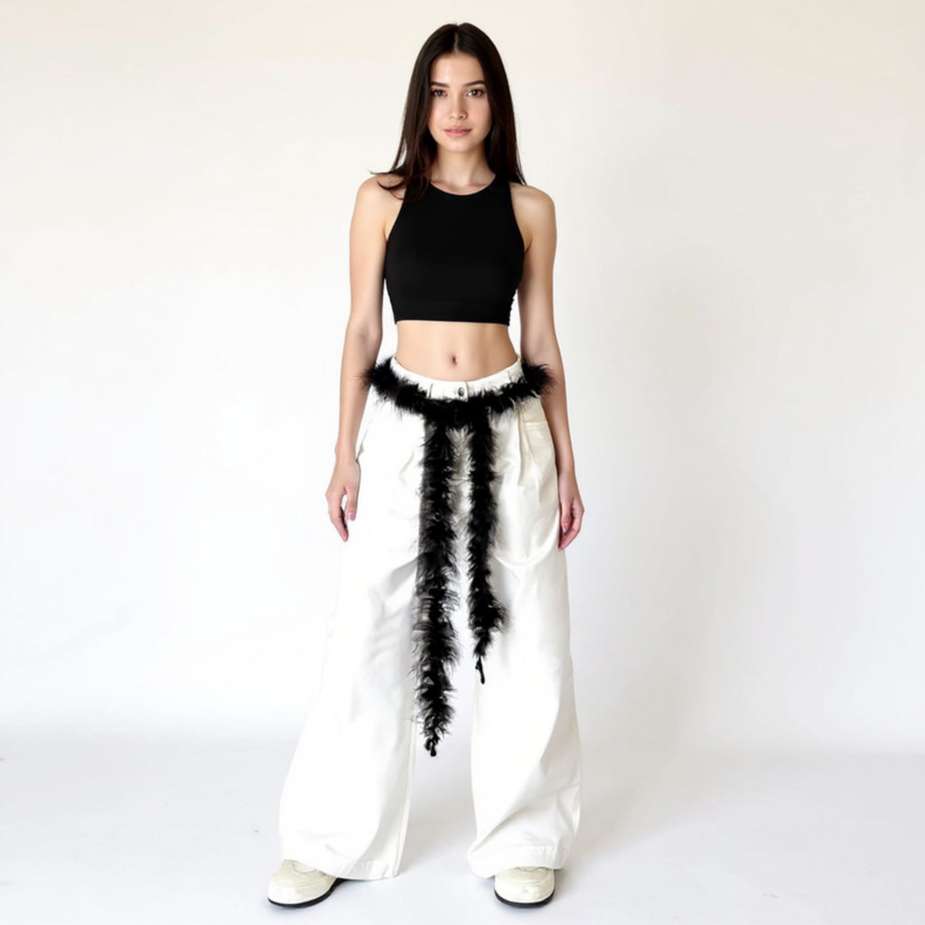 Anna-Kaci Women's Feather Trim Fashion Belt with Long Drape Accent and Adjustable Tie Design 79x1.5 in