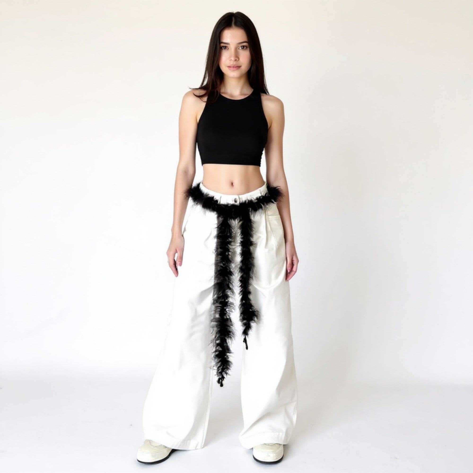 Anna-Kaci Women's Feather Trim Fashion Belt with Long Drape Accent and Adjustable Tie Design 79x1.5 in