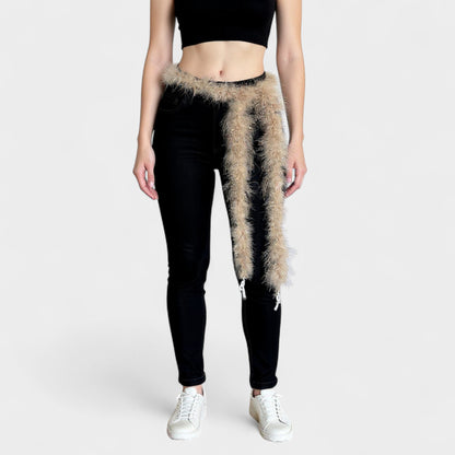 Anna-Kaci Women's Feather Trim Fashion Belt with Long Drape Accent and Adjustable Tie Design 79x1.5 in