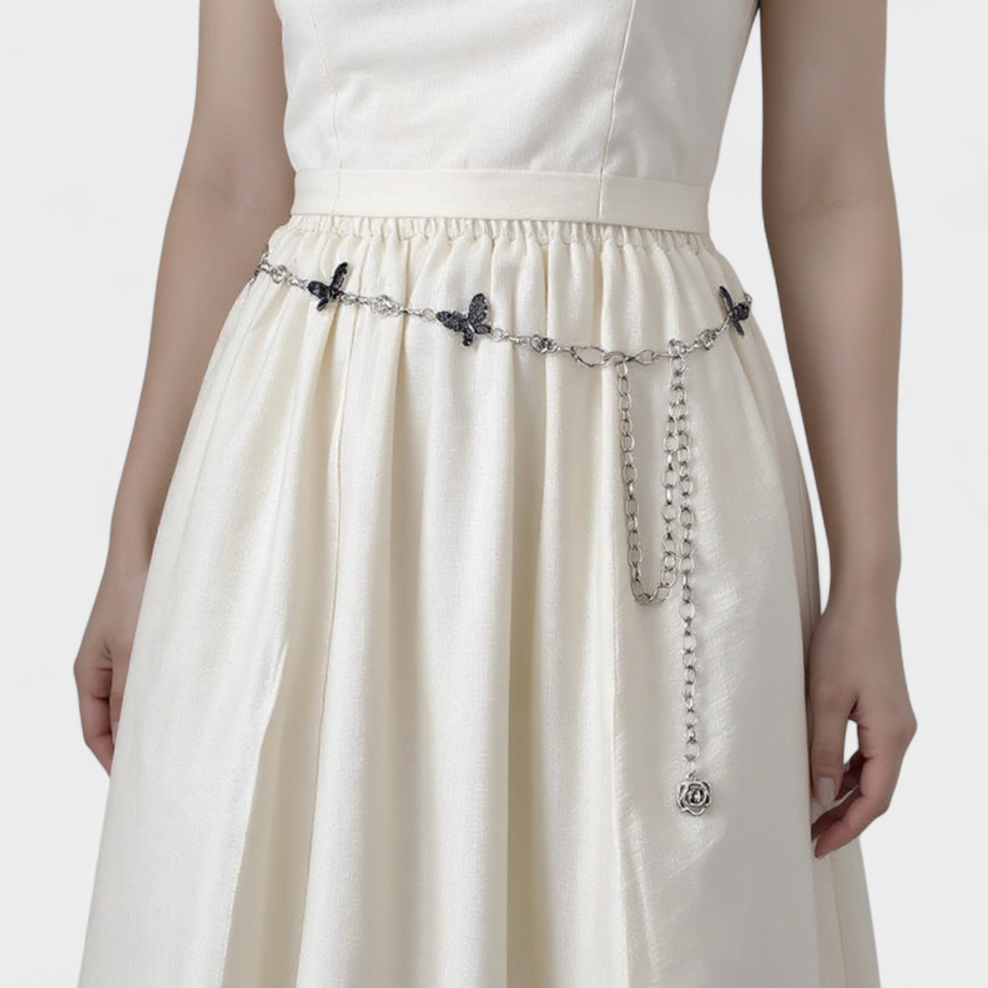 Anna-Kaci Women's Butterfly Chain Belt with Hanging Rose Charm and Adjustable Metal Links 43.5x1 in