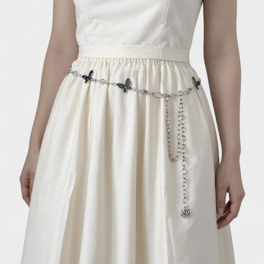 Anna-Kaci Women's Butterfly Chain Belt with Hanging Rose Charm and Adjustable Metal Links 43.5x1 in