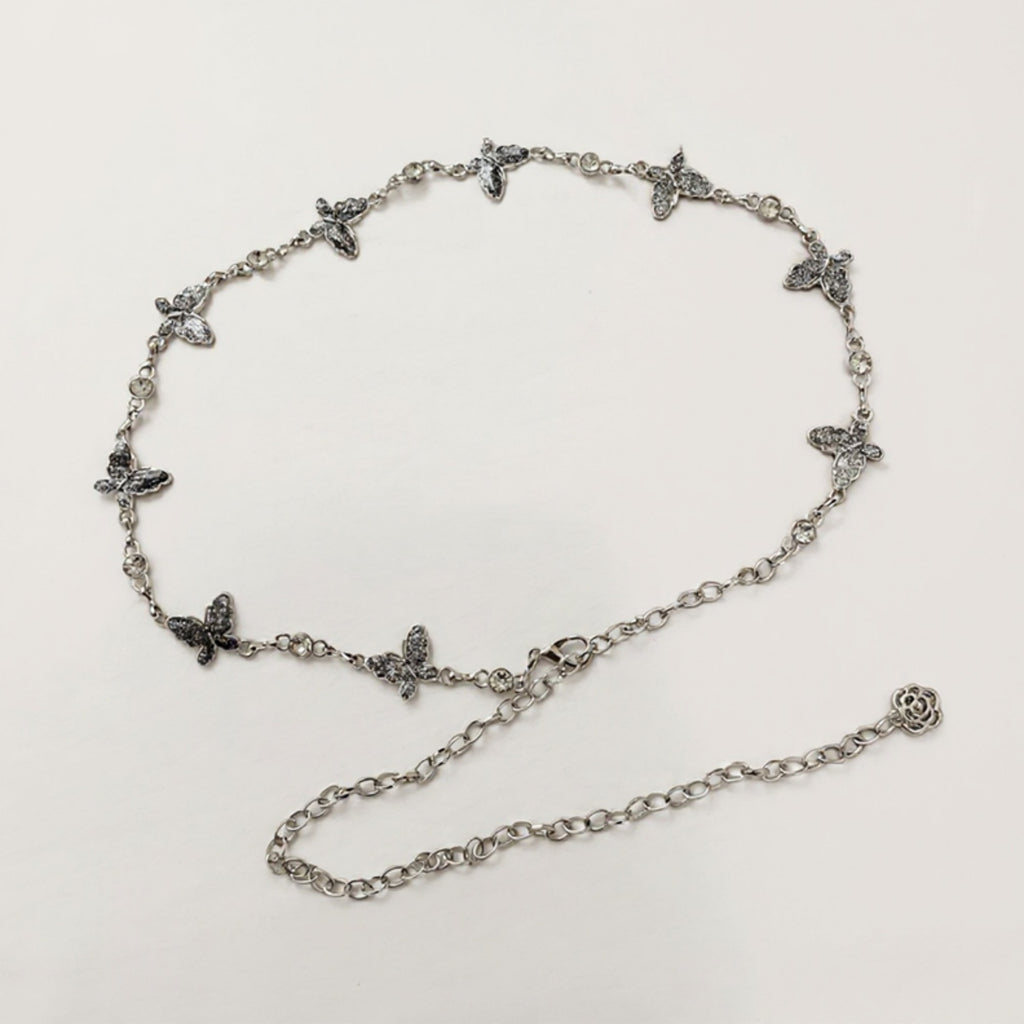 Anna-Kaci Women's Butterfly Chain Belt with Hanging Rose Charm and Adjustable Metal Links 43.5x1 in