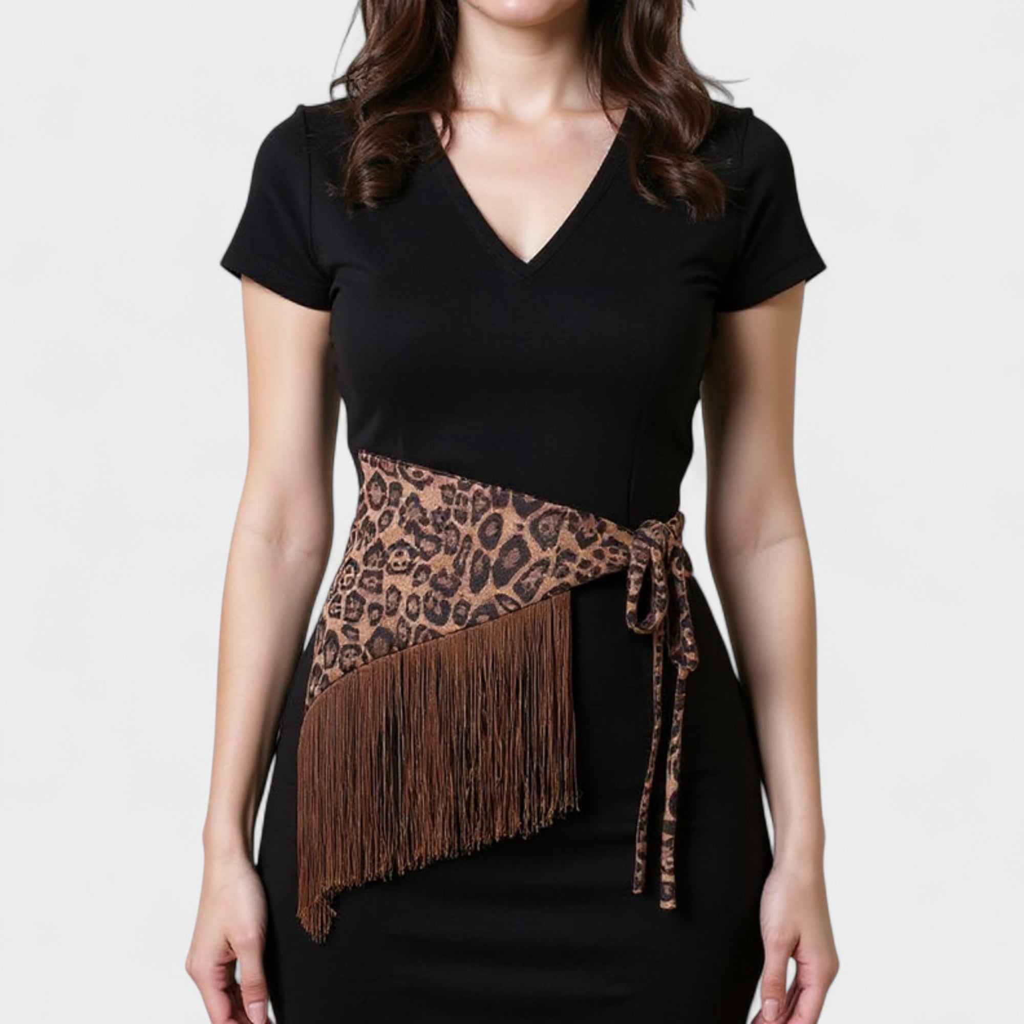 Anna-Kaci Women's Leopard Print Fringe Waist Scarf Belt with Adjustable Tie 59x1 in