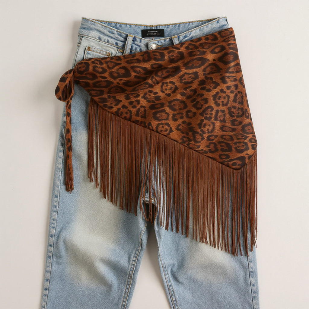 Anna-Kaci Women's Leopard Print Fringe Waist Scarf Belt with Adjustable Tie 59x1 in
