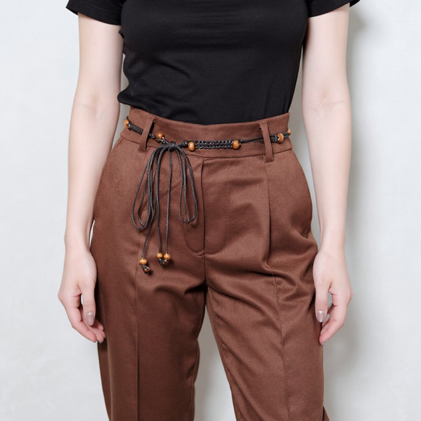 Anna-Kaci Women's Braided Cord Waist Belt with Wooden Bead Accents and Adjustable Tie 67x1.7 in