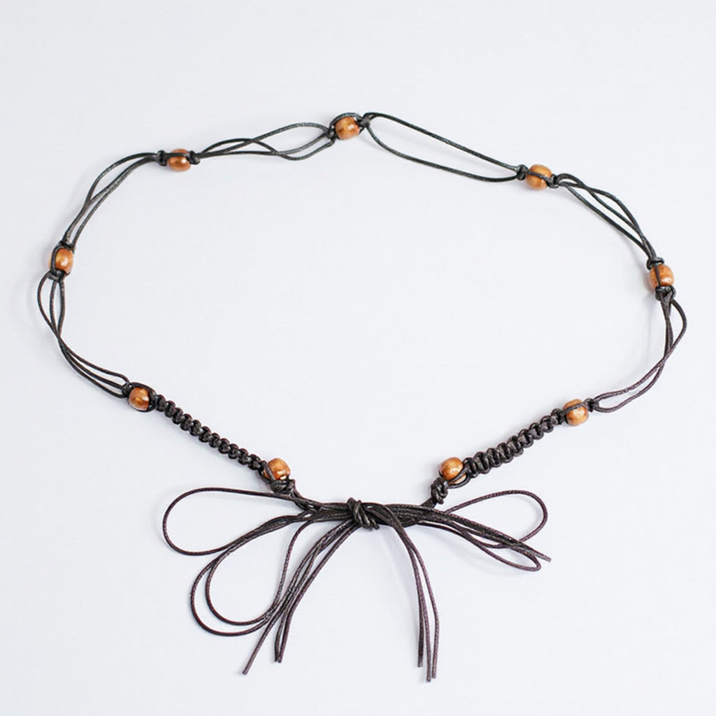 Anna-Kaci Women's Braided Cord Waist Belt with Wooden Bead Accents and Adjustable Tie 67x1.7 in