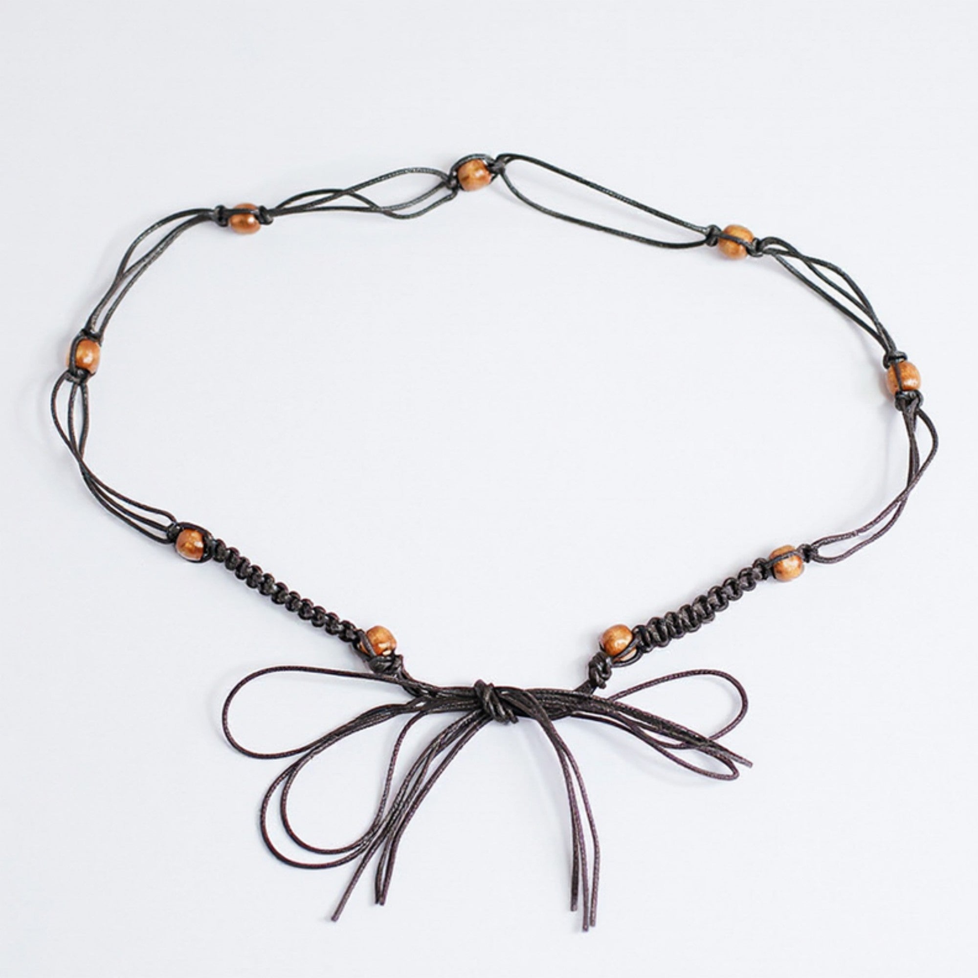 Anna-Kaci Women's Braided Cord Waist Belt with Wooden Bead Accents and Adjustable Tie 67x1.7 in