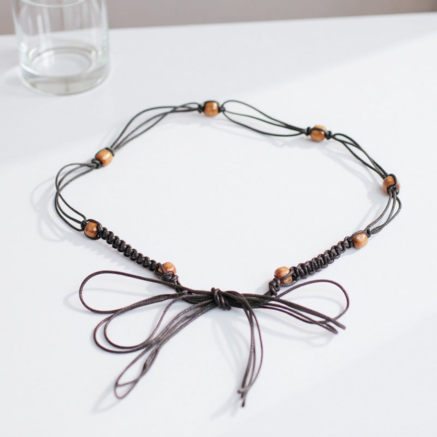 Anna-Kaci Women's Braided Cord Waist Belt with Wooden Bead Accents and Adjustable Tie 67x1.7 in