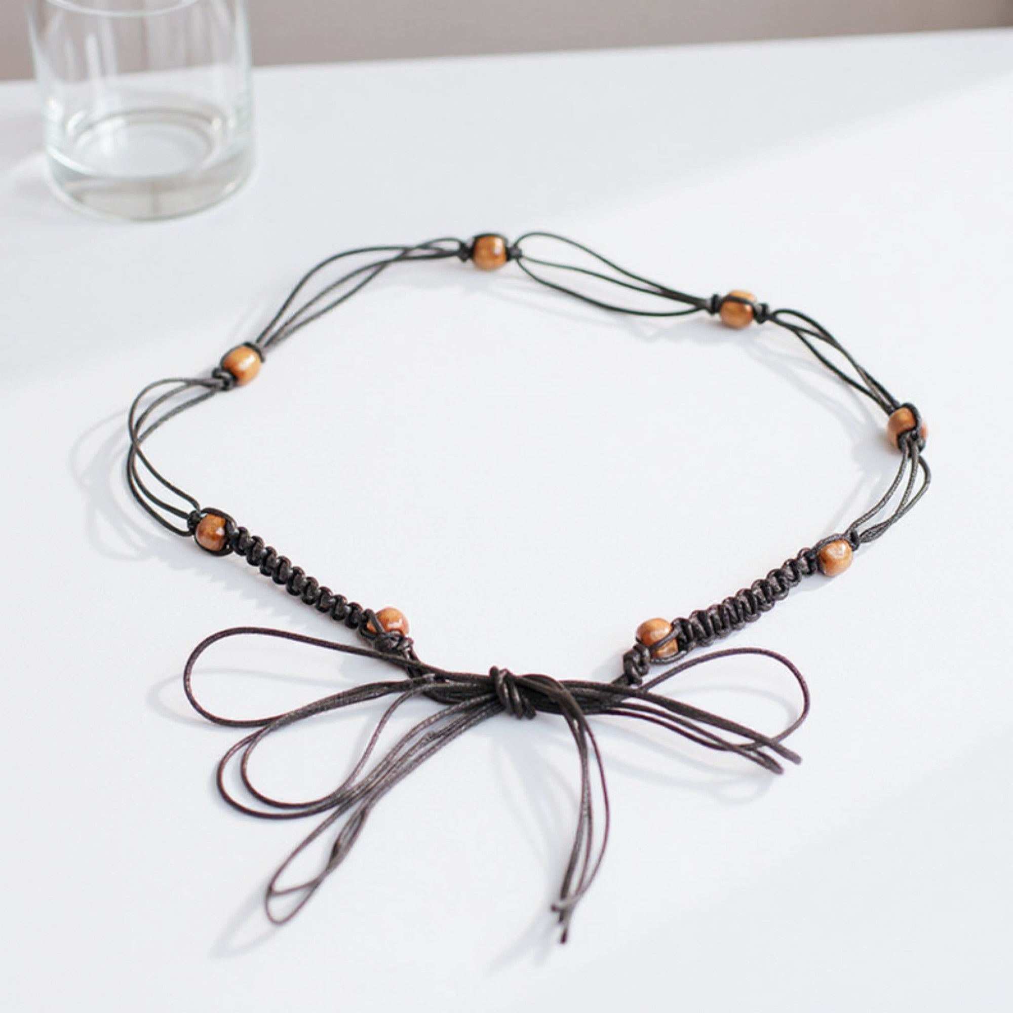 Anna-Kaci Women's Braided Cord Waist Belt with Wooden Bead Accents and Adjustable Tie 67x1.7 in