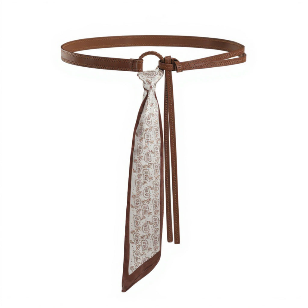 Anna-Kaci Women's Faux Leather Waist Belt with Printed Scarf Accent and Adjustable Knot Design 53x0.8 in