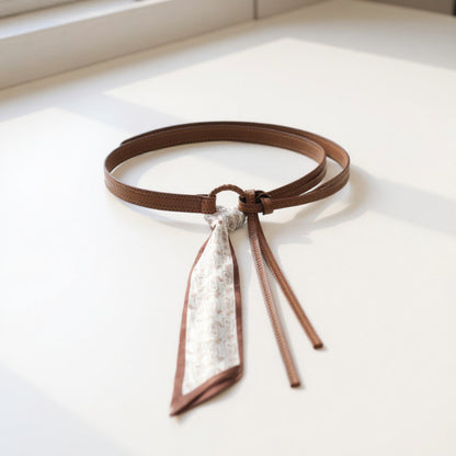 Anna-Kaci Women's Faux Leather Waist Belt with Printed Scarf Accent and Adjustable Knot Design 53x0.8 in