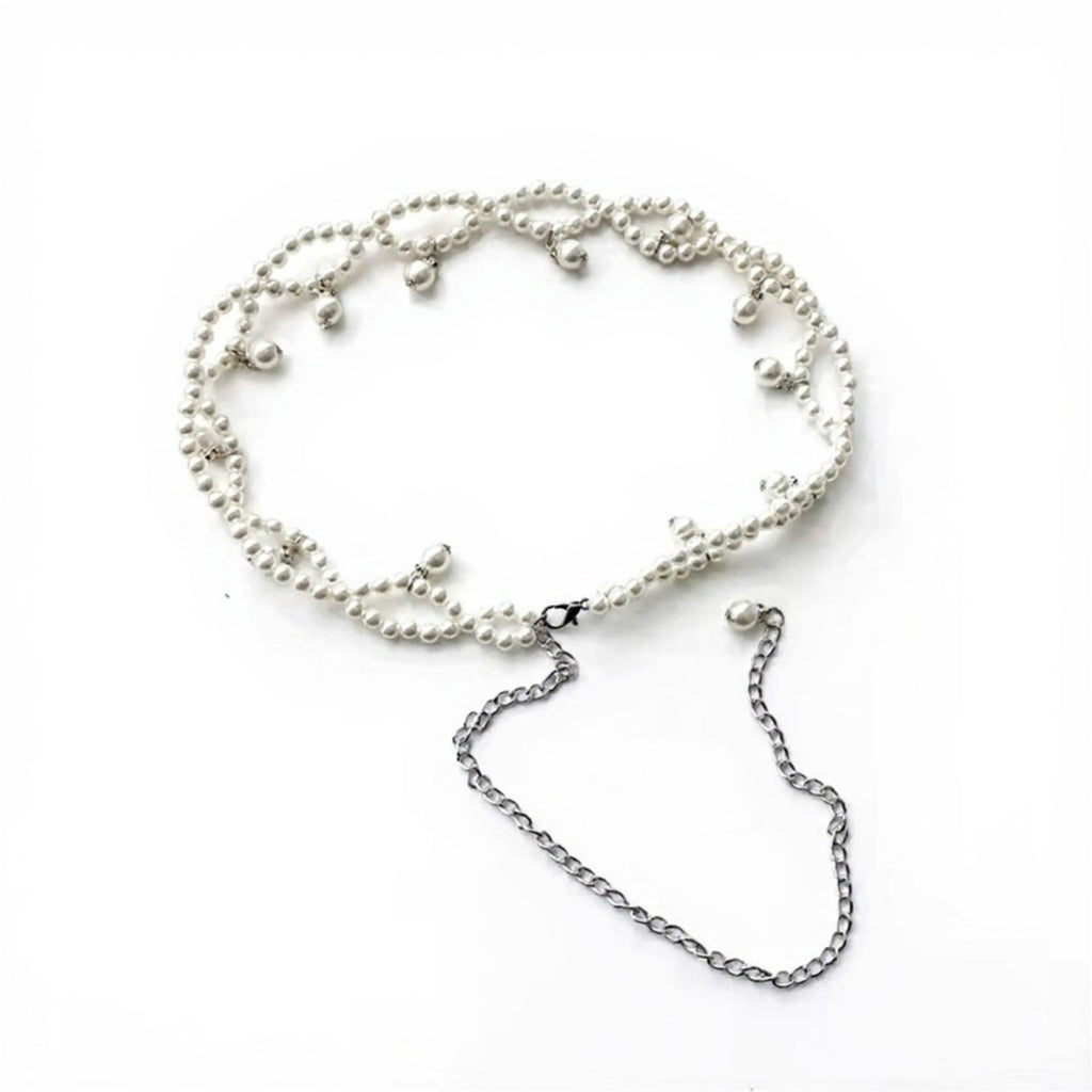 Anna-Kaci Women's Twisted Pearl Strand Waist Belt with Hanging Bead Details 47x1in