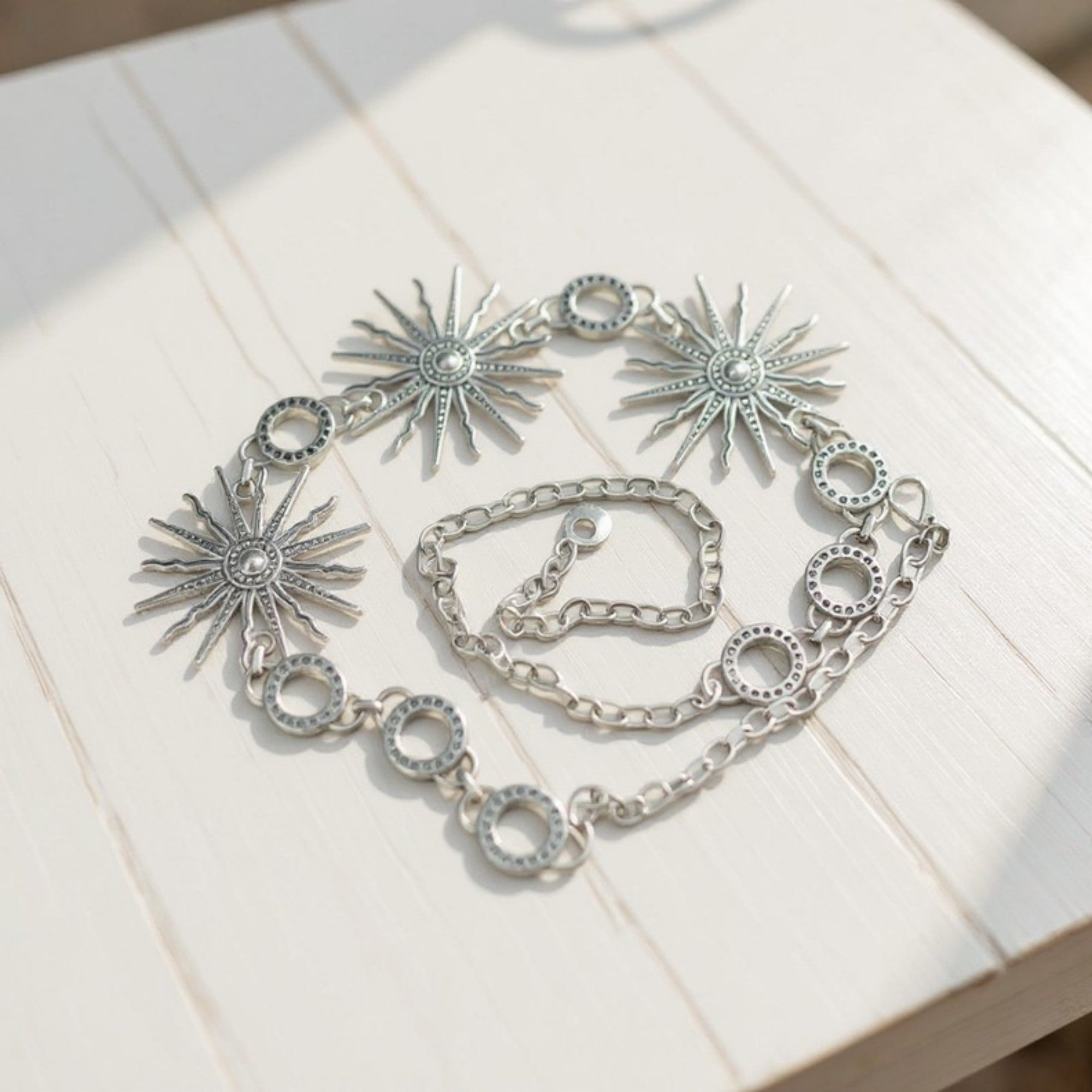Anna-Kaci Women's Radiant Sunburst Chain Belt with Rhinestone Embellished Medallions 44x2.7in