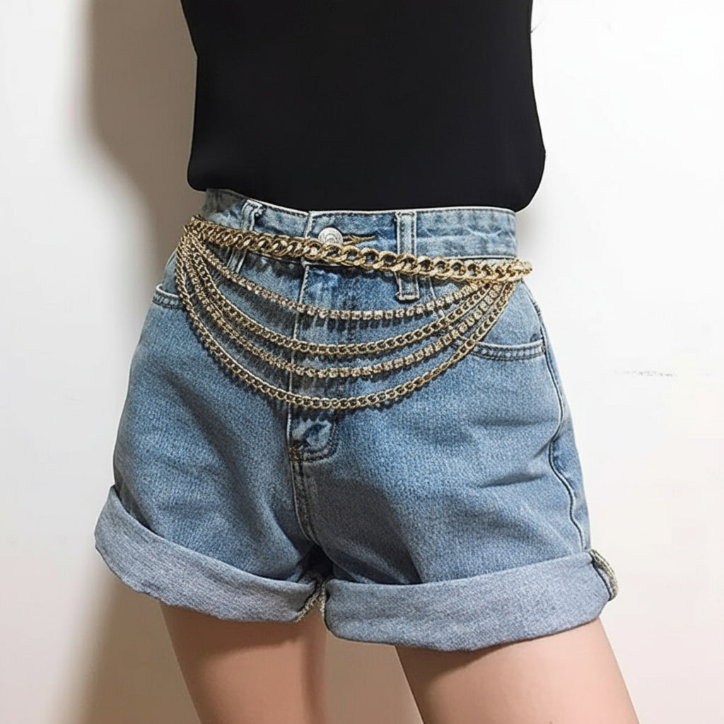 Anna-Kaci Women's Multi-Layer Chain Belt with Mixed Link and Beaded Strand Details 25.5+13.7in