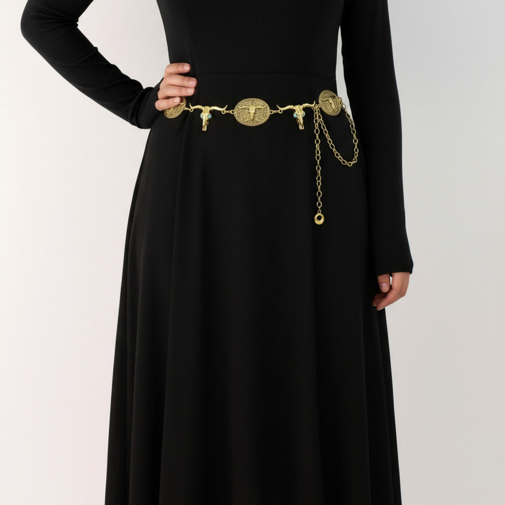 Anna-Kaci Women's Western Bull Head Concho Chain Belt with Oval Accents and Adjustable Fit 45.5in