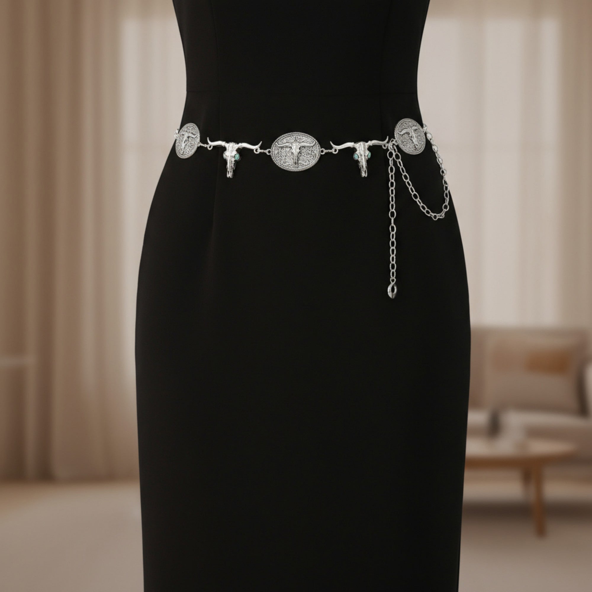 Anna-Kaci Women's Western Bull Head Concho Chain Belt with Oval Accents and Adjustable Fit 45.5in
