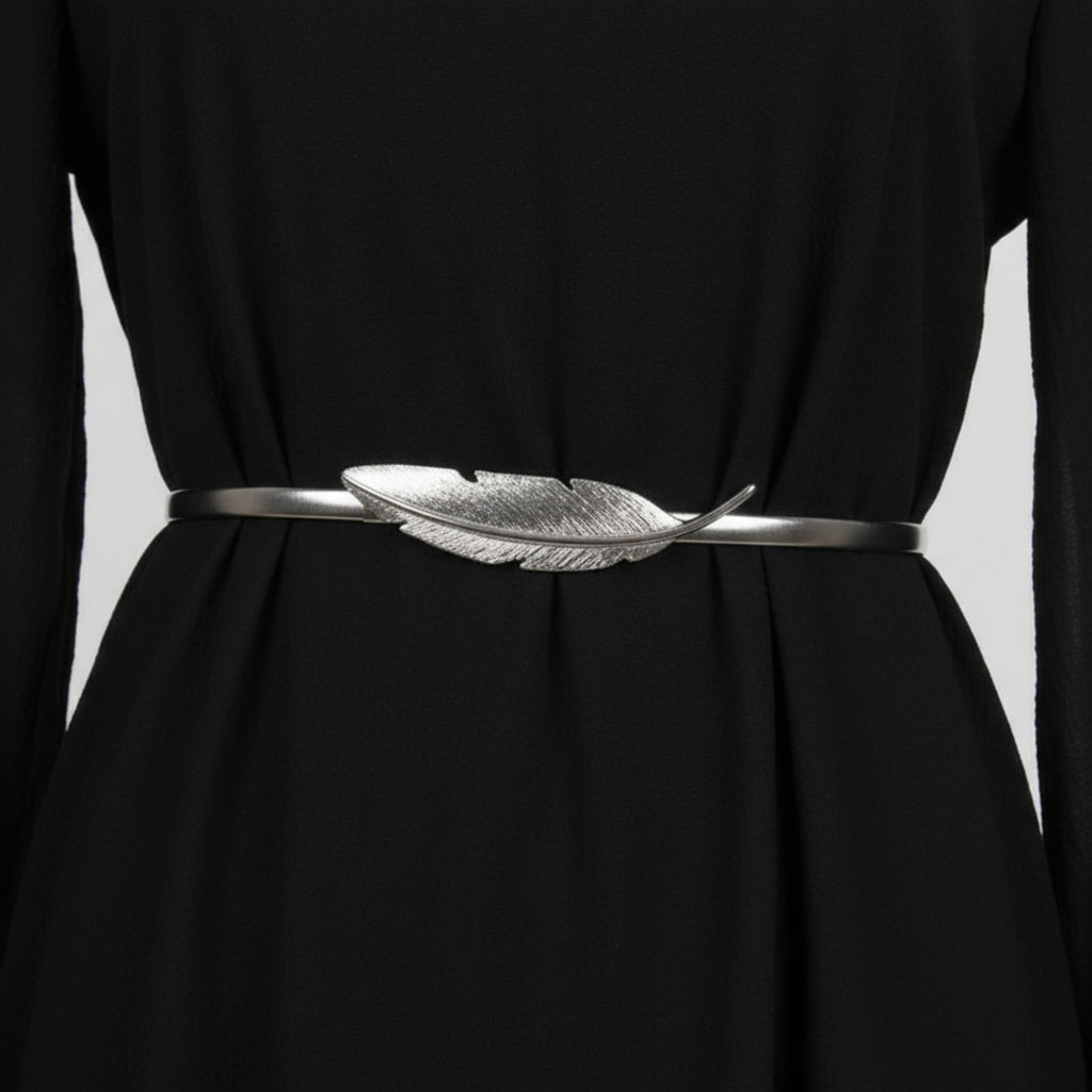 Anna-Kaci Women's Metal Leaf Buckle Belt with Slim Adjustable Band and Textured Design 28.5x0.4in