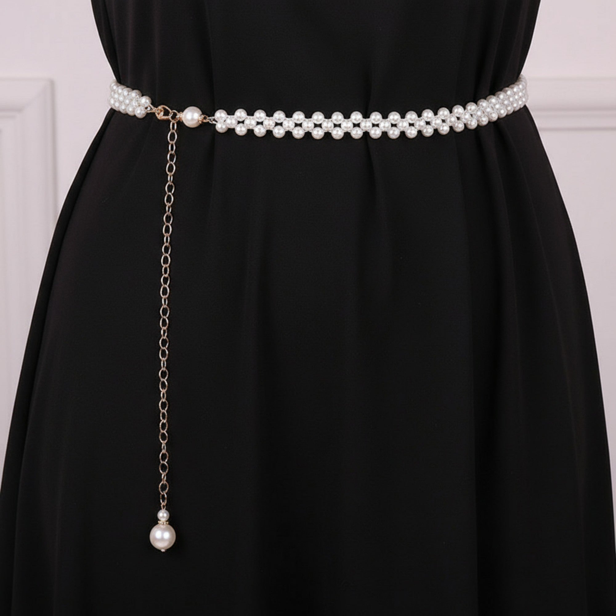 Anna-Kaci Women's Pearl Beaded Chain Belt with Delicate Drop Pendant and Adjustable Clasp 43.5x0.8in
