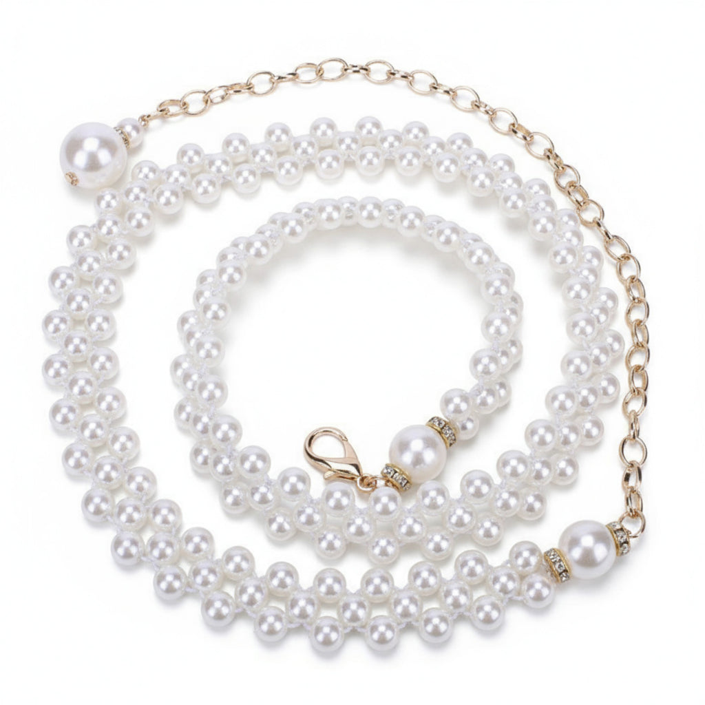 Anna-Kaci Women's Pearl Beaded Chain Belt with Delicate Drop Pendant and Adjustable Clasp 43.5x0.8in