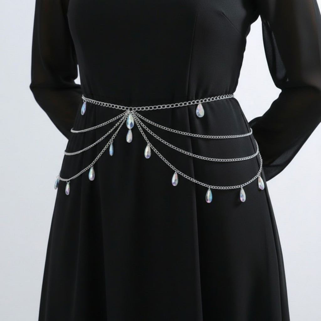 Anna-Kaci Women's Multi-Layer Chain Belt with Teardrop Crystal Charms and Draped Chain Strands 26+15.7in