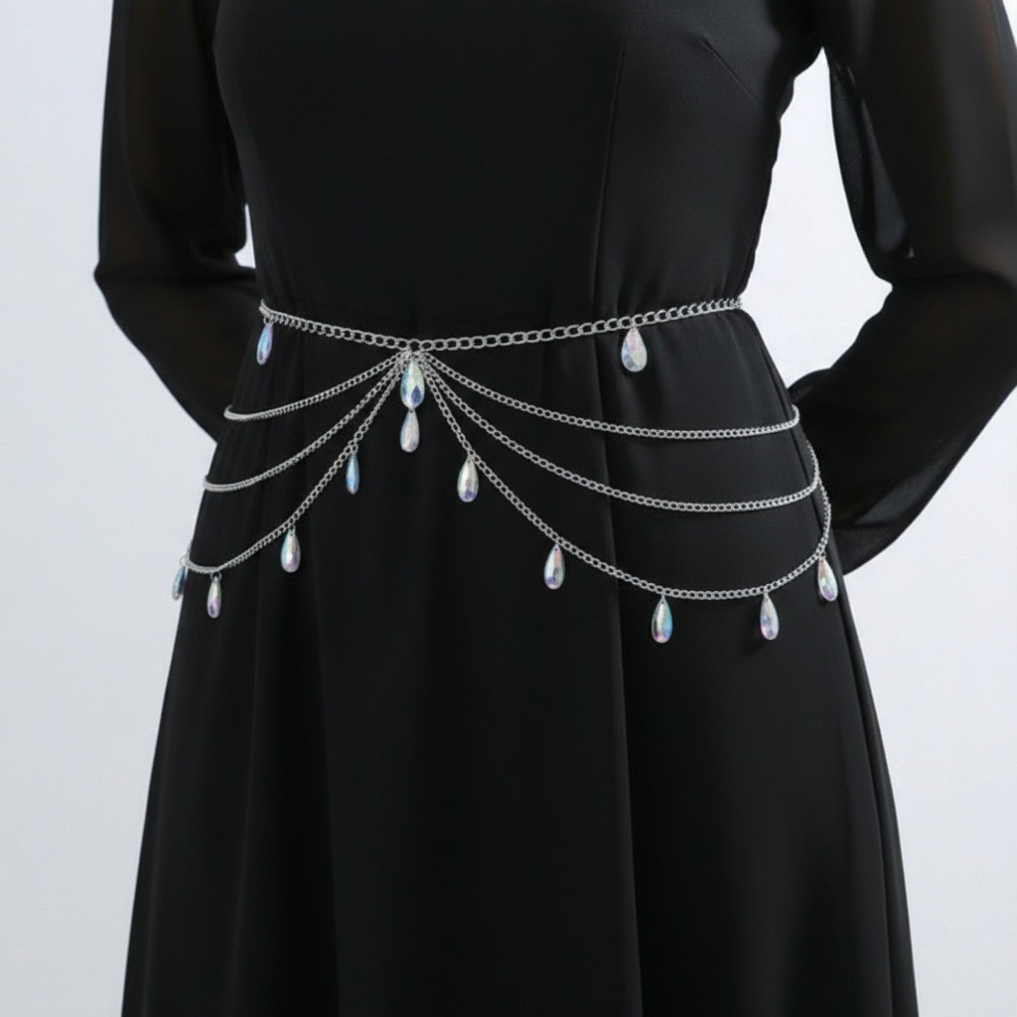 Anna-Kaci Women's Multi-Layer Chain Belt with Teardrop Crystal Charms and Draped Chain Strands 26+15.7in