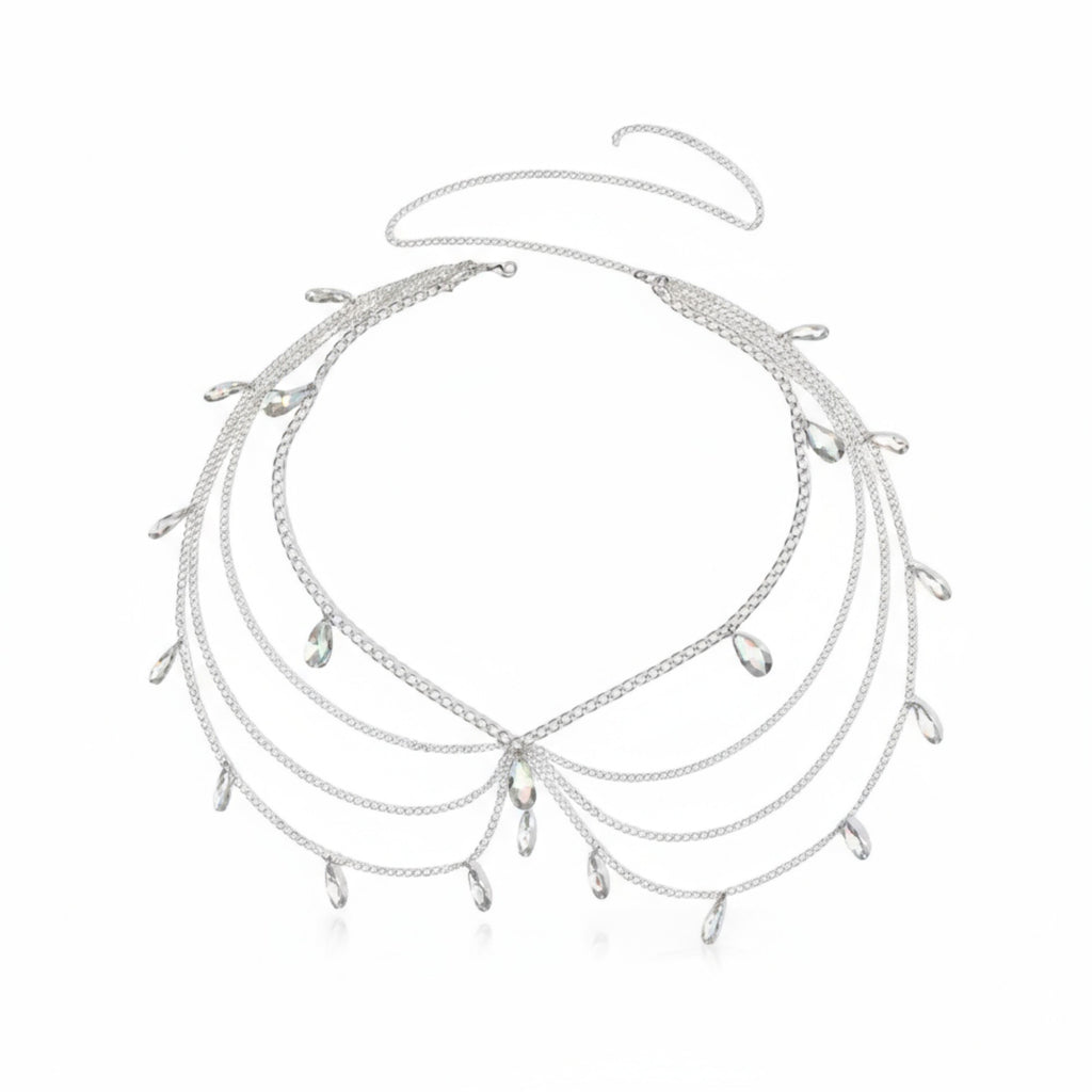 Anna-Kaci Women's Multi-Layer Chain Belt with Teardrop Crystal Charms and Draped Chain Strands 26+15.7in