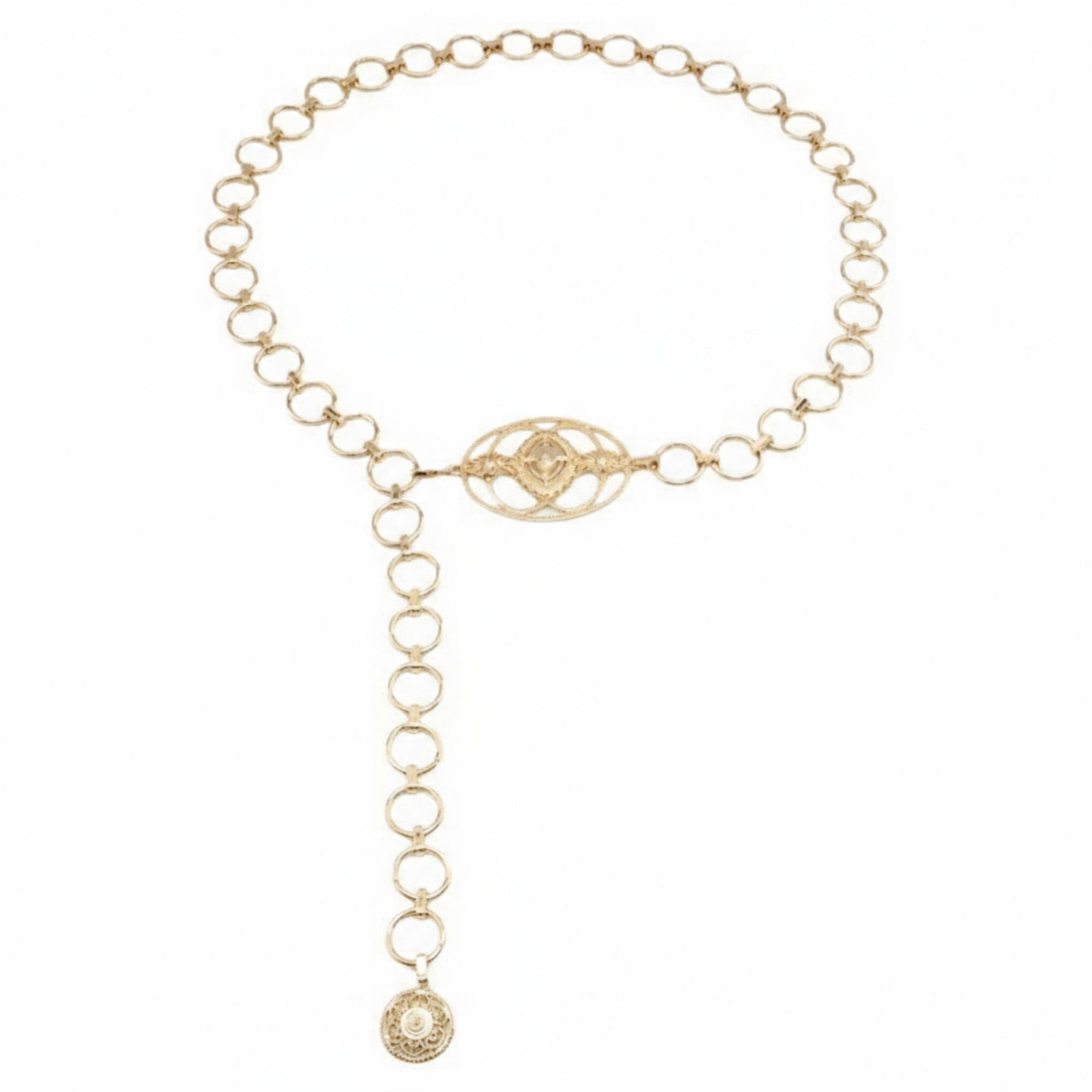 Anna-Kaci Women's Circular Chain Belt with Interlocking Rings and Drop Pendant Detail 39.5+2.5in