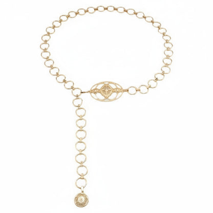 Anna-Kaci Women's Circular Chain Belt with Interlocking Rings and Drop Pendant Detail 39.5+2.5in