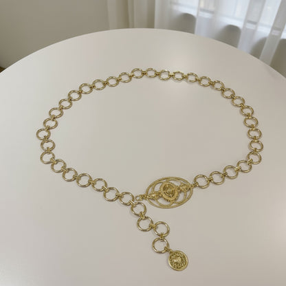 Anna-Kaci Women's Circular Chain Belt with Interlocking Rings and Drop Pendant Detail 39.5+2.5in