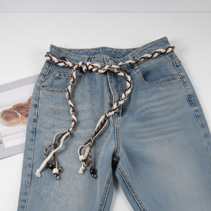 Anna-Kaci Women's Braided Rope Belt with Wooden Bead Details and Tassel Ends 63x0.8in